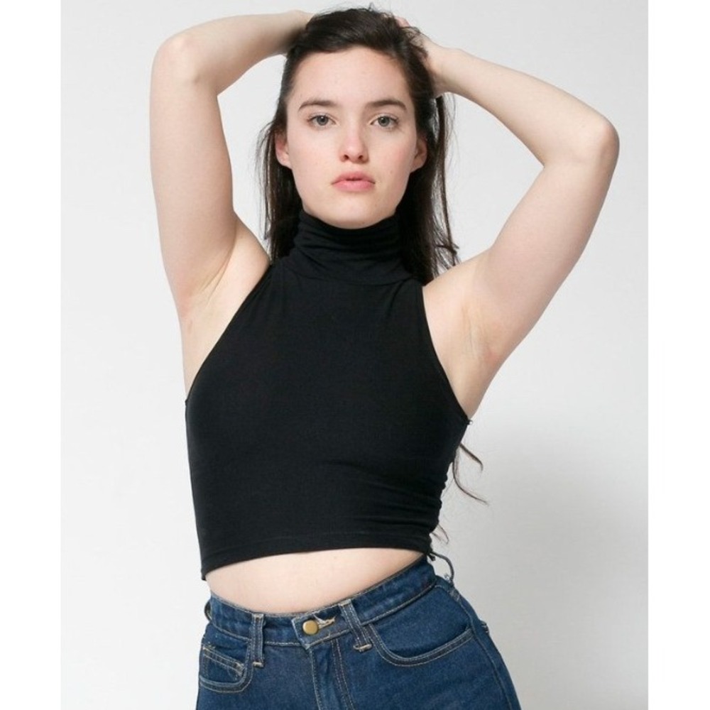 American Apparel Cotton Spandex Sleeveless Turtleneck Crop Top Black Small